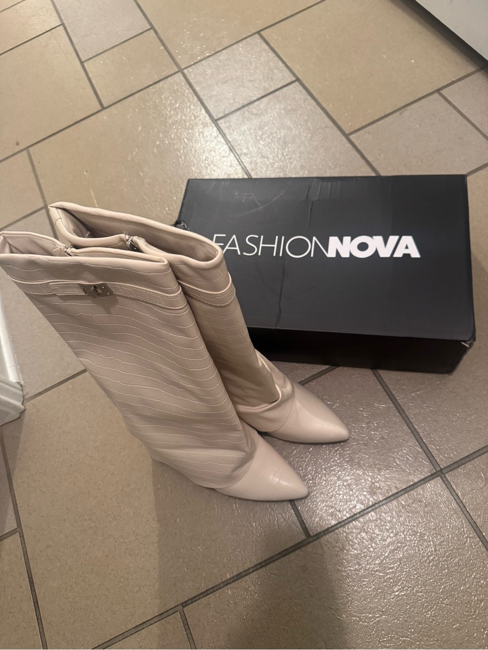 Fashion Nova Tall Pointed-Toe Ivory/Taupe Heeled Boots
